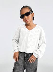 SHEIN Camiseta corta de punto acanalado con cuello en V y hombros caídos para niña preadolescente en Acción de Gracias - Blanco - Ver 3