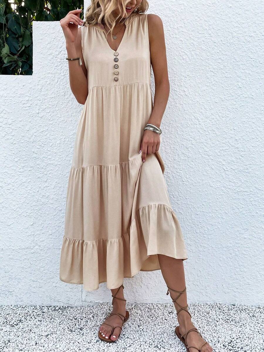 EMERY ROSE Button Detail Layered Hem Smock Dress Maxi Women Outfit - Apricot - View 1