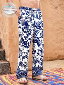 Manfinity VCAY Men Woven Casual Loose Fit Elastic Waist Straight Leg Pants, Fall - Blue - View 1