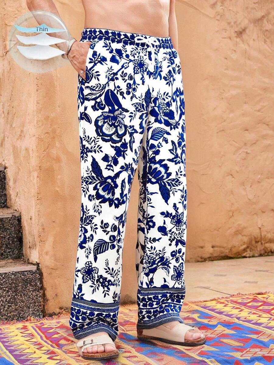 Manfinity VCAY Men Woven Casual Loose Fit Elastic Waist Straight Leg Pants, Fall - Blue - View 1