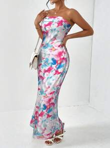 Firerie 扎染花卉印花修身连衣裙，适合度假和约会 - 淺藍色 - 查看 5