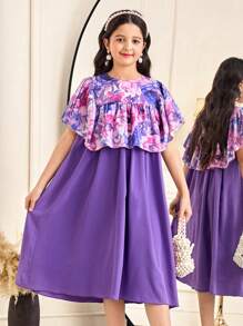 SHEIN Vestido de niña preadolescente con estampado floral elegante, cuello de volantes en color contrastante y parches - Morado - Ver 4