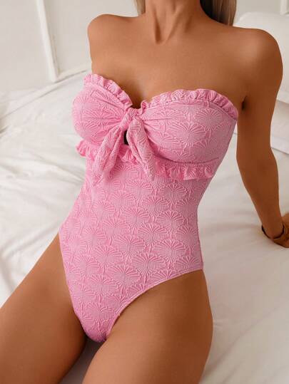 Swim Mod 女士纯色高开叉荷叶边蝴蝶结连体泳衣，夏季沙滩装