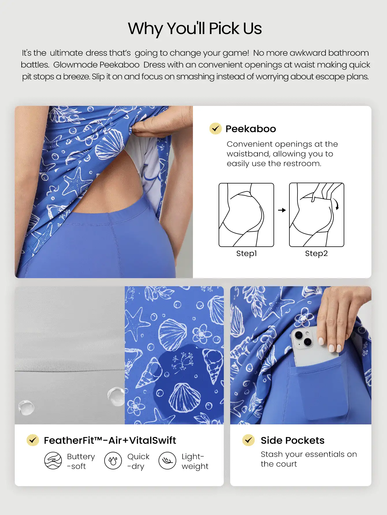 GLOWMODE X Nature Dream Bali FeatherFit™-Air Sweat-Wicking Quick-Dry Peekaboo Water Drop Cutout U-Back Activewear Dress With Built-In Shorts Side Pockets Non-Slip Grips Low Impact Yoga Pilates Studio Daily Casual Wear - Multicolor - View 2