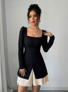 Elenzga 拼色方领长袖合身喇叭下摆优雅浪漫女式连衣裙