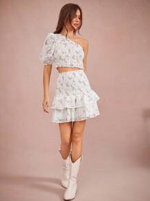 WESTFADE 夏季西部花卉印花编织孔眼不对称单肩褶饰半袖荷叶边短款上衣 - 彩色 - 查看 2