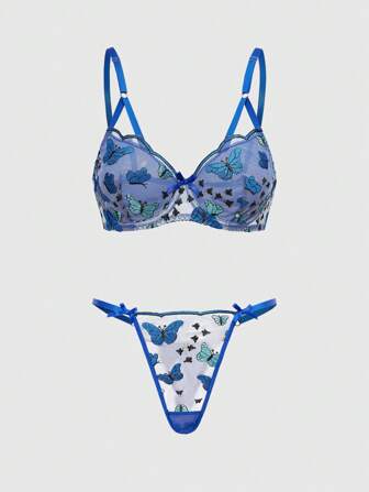 Fairycore Delicate Embroidered Butterfly Pattern Lingerie Bra Set With Wire, Fresh & Feminine