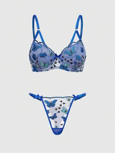 Fairycore Delicate Embroidered Butterfly Pattern Lingerie Bra Set With Wire, Fresh & Feminine