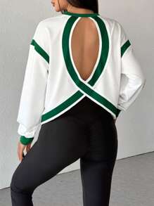 Hanevo 宽松休闲风镂空交叉色设计女士连帽运动衫