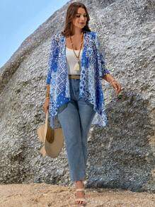 EMERY ROSE 大码女式花卉印花 3/4 袖宽松前开式休闲外套夏季女装热带度假女装秋冬超大码海滩褶边雪纺 - 彩色 - 查看 3