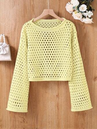 Teen Girls Plain Round Neck Long Sleeve Hollow Out Loose Casual Sweater