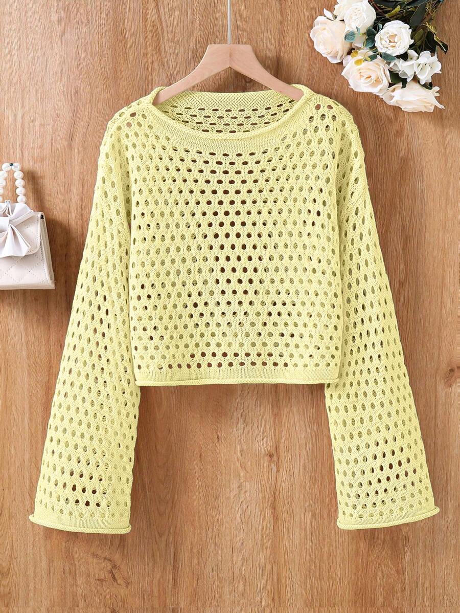 Teen Girls Plain Round Neck Long Sleeve Hollow Out Loose Casual Sweater