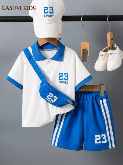 SHEIN Explorewe 2 件套小男孩服装：撞色字母印花 Polo 衫 + 配套运动短裤，时尚、休闲，适合春夏季学校、运动、日常穿着，包含配套背包