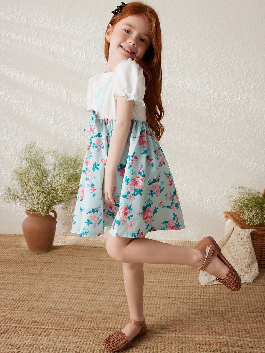 Blossori Young Girls' Spring/Summer French Elegant Floral Print Short Sleeve Dress