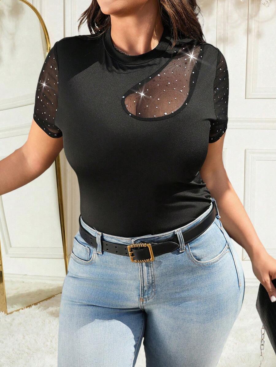 Celure Mesh Splice Sequin Knit Short Sleeve Elegant Loose Plus Size Women Top - Black - View 1