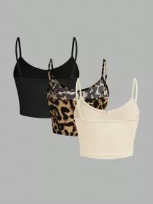 SHEIN EZwear 3 件套豹纹女式短款修身休闲吊带背心，适合夏季 - 彩色 - 查看 2