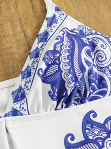 Swim Lushoire 1pc Women's Halter Neck Cut-Out Abstract Print One-Piece Swimsuit - Blue and White - View 8