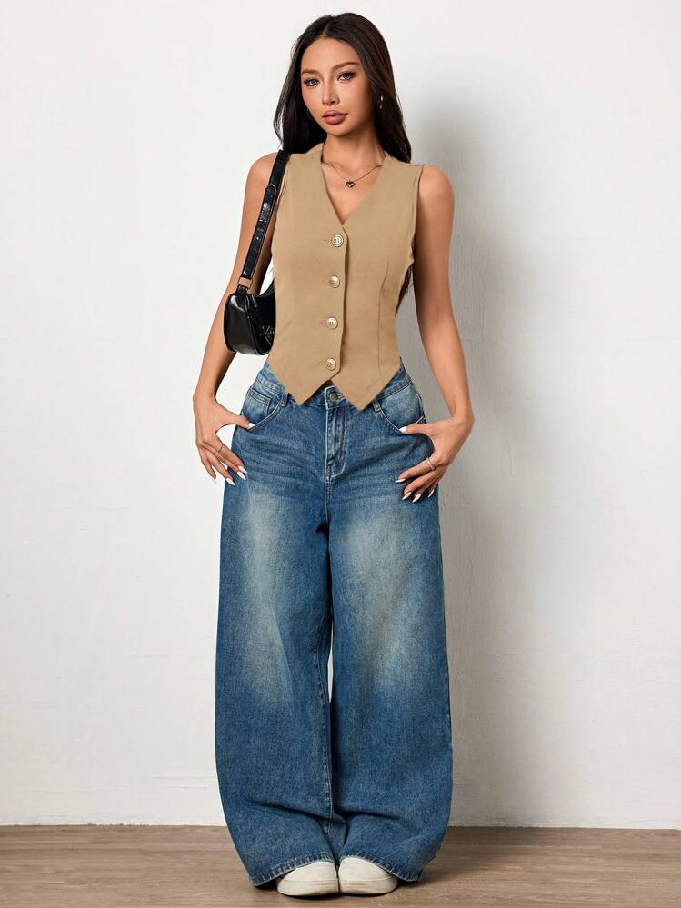 K-Vae Camiseta de punto sin mangas de cuello en V de unicolor casual para mujer en otoño/invierno - Caqui - Añade 3