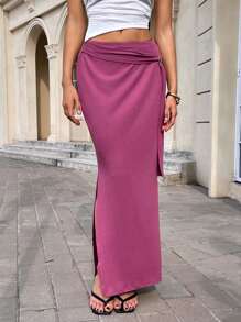 SHEIN Essnce Conjuntos de verano para mujer 2025: Falda larga de talle bajo con abertura lateral en morado oscuro - Falda casual minimalista de punto, ropa de playa bohemia chic y elegante moda de verano para noche