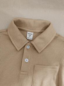 SHEIN 2pcs Boys Casual Loose Collar Short Sleeve Polo Shirt & Pants Set - Khaki - View 4