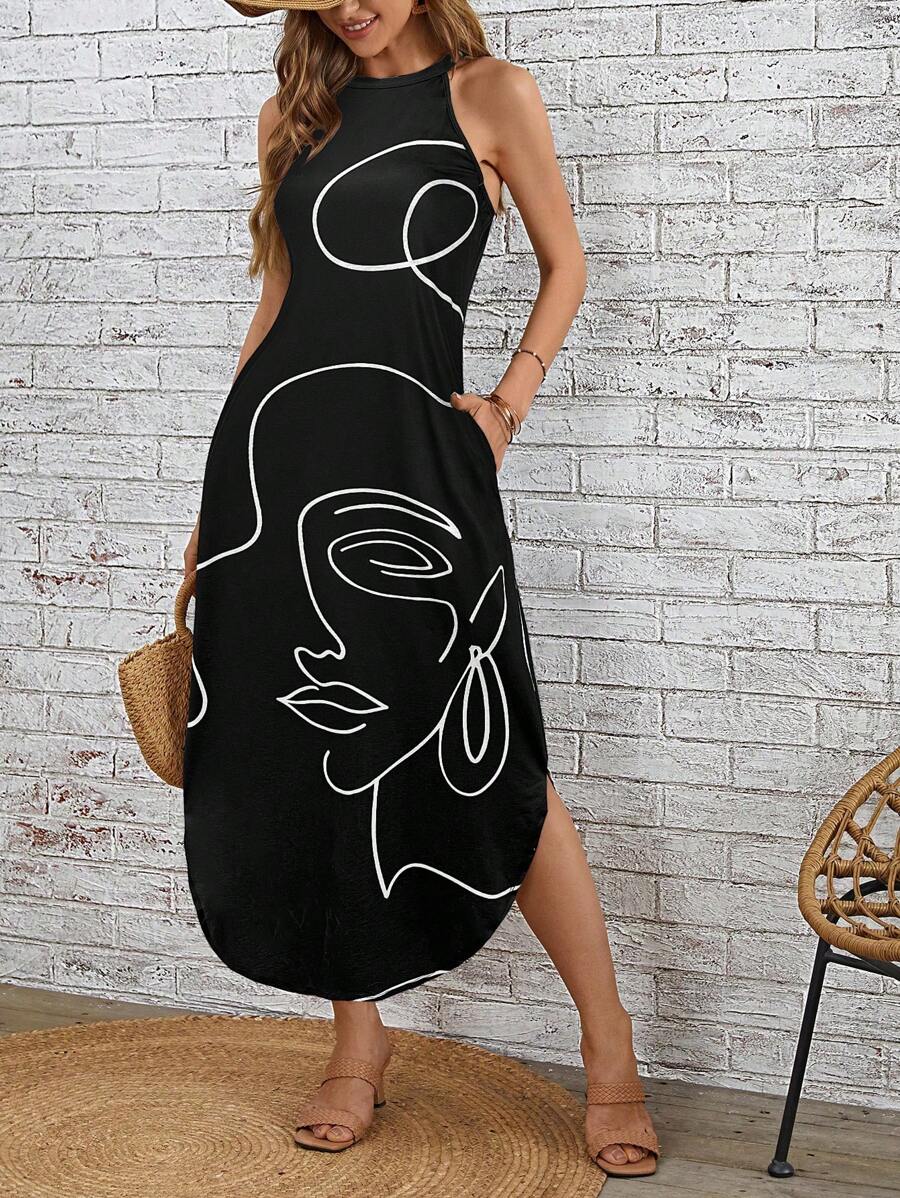 SHEIN LUNE Đầm không tay in hình mặt người, thích hợp cho kỳ nghỉ, dành cho nữ. - Đen và trắng - Xem 1