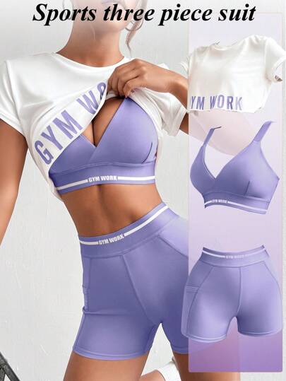 SHEIN Sovereign Charm Women's Letter Print Short Sleeve T-Shirt, Bra And Shorts Casual Sportwear Set, Versatile Athletic Set Workout Women Sets