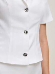 BizChic White Elegant Office Wear Ladies Short Sleeve Button Blazer Suit Set, Suitable For Spring/Summer And Graduation Season - White - View 7