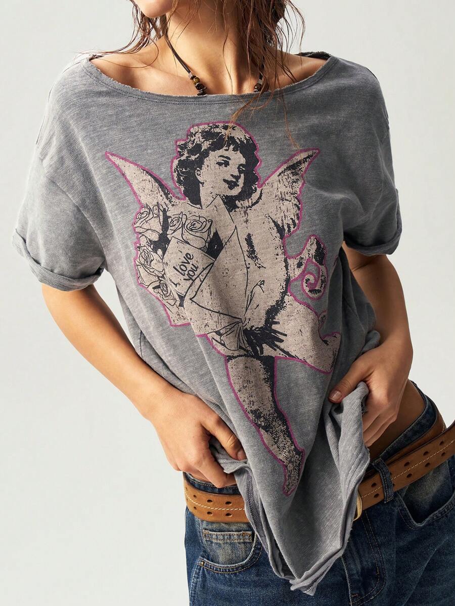 Bohemela Boho Women's Casual Solid Color Knit Crew Neck Short Sleeve Loose Wash Tee - Brown - View 1