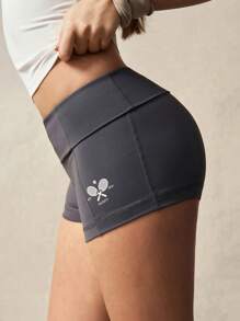 VARSITIE Tight Racket Print Foldover Waistband Yoga Sports Shorts - Dark Grey - View 6