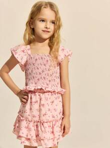 SHEIN 2pcs/Set Young Girls' Elegant Pink Woven Ditsy Floral Trim Blouse & Ruffle Hem Mini Skirt, Spring/Summer