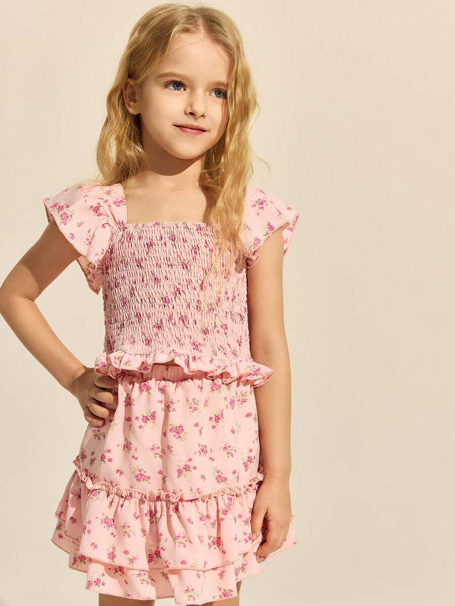 SHEIN 2pcs/Set Young Girls' Elegant Pink Woven Ditsy Floral Trim Blouse & Ruffle Hem Mini Skirt, Spring/Summer
