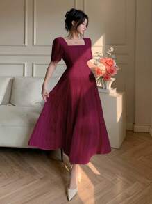 DAZY Women's Elegant Solid Color Textured Waist Dress Summer Elegant Sundress