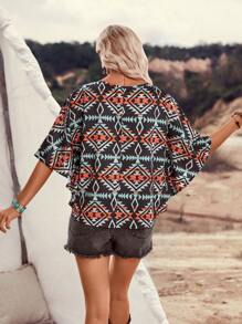 LanaWest Women's Boho Geometric Print Bat Sleeve Loose T-Shirt - Multicolor - View 2