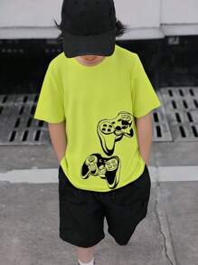 SHEIN Cậu bé Tween Vôi neon In Gamepad Áo thun & Nơ mặt trước Quần short - Nhiều màu - Xem 1
