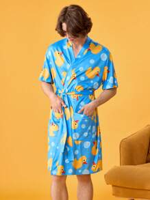 Happy Jammies Bata ligera con estampado de pato amarillo lindo, de manga corta, adecuada para primavera y verano
