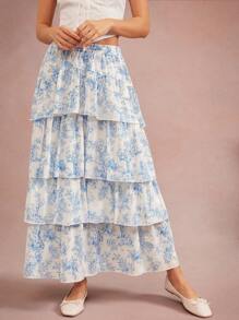 WESTFADE Summer Toile Printed Chiffon Smocked High Waist Ruffle Tiered Skirt Spring Break Vacation Brunch