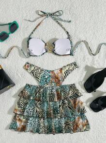 2025 New Women's 3-Piece Random Leopard Print Halter Bra & Bikini Bottom & Ruffled Mini Cover Up Skirt For Beach & Summer Vacation - Multicolor - View 2