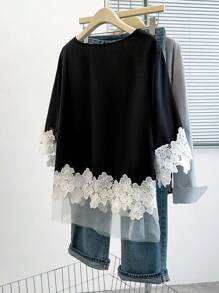 SHEIN LUNE Áo cánh nữ thanh lịch, đi làm, gợi cảm, tối giản, dễ thương, giản dị, đa năng, thời trang có viền ren, cổ tròn, viền lưới, màu đen và trắng, cỡ lớn, phù hợp cho mùa xuân, hè, thu - màu đen - Xem 2