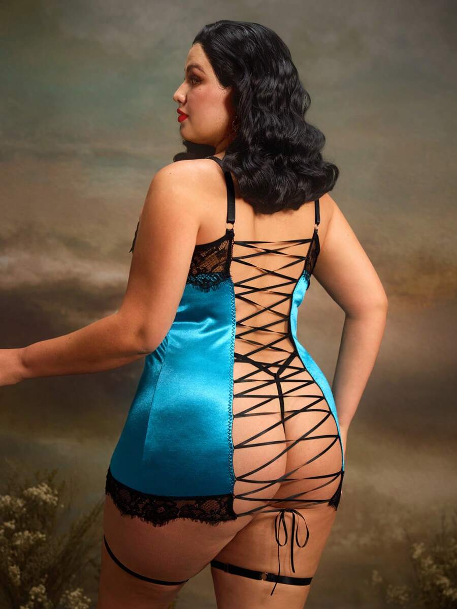 PinupGlam 3pcs Vintage Romantic Hollow Out Satin Shiny Lace Patchwork Criss-Cross Backless Dress + G-String + Garter Belt, Plus Size Lingerie Set