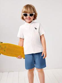 SHEIN Leap Crew 2pcs/Set Toddler Boy Plain Short Sleeve Shirt And Shorts Set, Simple And Fashionable, Suitable For Summer