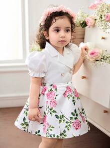 SHEIN Conjunto de falda y Top de satén con estampado floral elegante para bebé niña en verano - Blanco - Ver 1