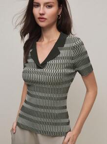 BizChic Blusa casual de punto de manga corta a rayas para mujer, blusa básica de negocios casuales urbanos, conjunto elegante para mujer