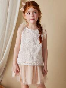 Blossori Young Girls French-Style Elegant White Organza Embroidered Blouse And Mesh Skirt 2 Pieces Set, Spring/Summer - Pink - View 5