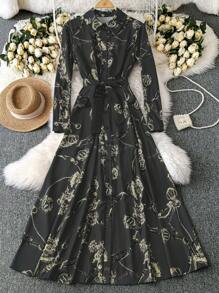 SHEIN Clasi Women's Casual Collar Neck Simple Blue Floral Print Dress Maxi Women Outfit