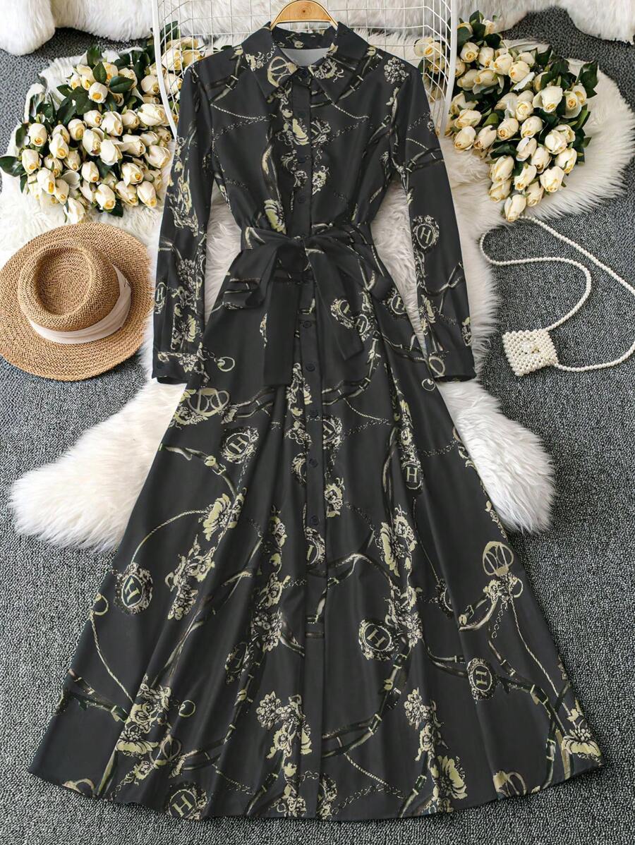 SHEIN Clasi Women's Casual Collar Neck Simple Blue Floral Print Dress Maxi Women Outfit