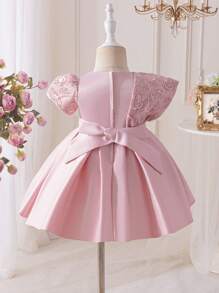 SHEIN Glamorique Kids Baby Girls' Rose Embroidered Satin High-Low Skirt Party Princess Dress, Elegant For Birthday, Banquet, Wedding Elegant Dresses For Baby Girls Party Dresses Baby - Pink - View 2