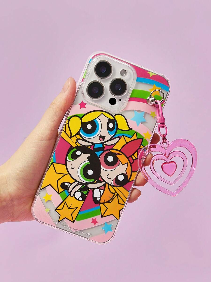THE POWERPUFF GIRLS X SHEIN Cute Cartoon Printed Phone Case With Love Shape Pendant, Compatible With IPhone 11 -17 Pro Max , Y2K - Clear - View 1