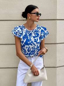 SHEIN Frenchy Women's Round Neck Double Layer Frill Sleeve Floral Print Vacation Blouse