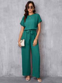 SHEIN Clasi Women's Elegant Round Neck Jumpsuit With Belted Waist & Wide Leg - Green - View 6