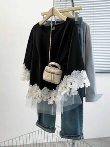 SHEIN LUNE Áo cánh nữ thanh lịch, đi làm, gợi cảm, tối giản, dễ thương, giản dị, đa năng, thời trang có viền ren, cổ tròn, viền lưới, màu đen và trắng, cỡ lớn, phù hợp cho mùa xuân, hè, thu - màu đen - Xem 6